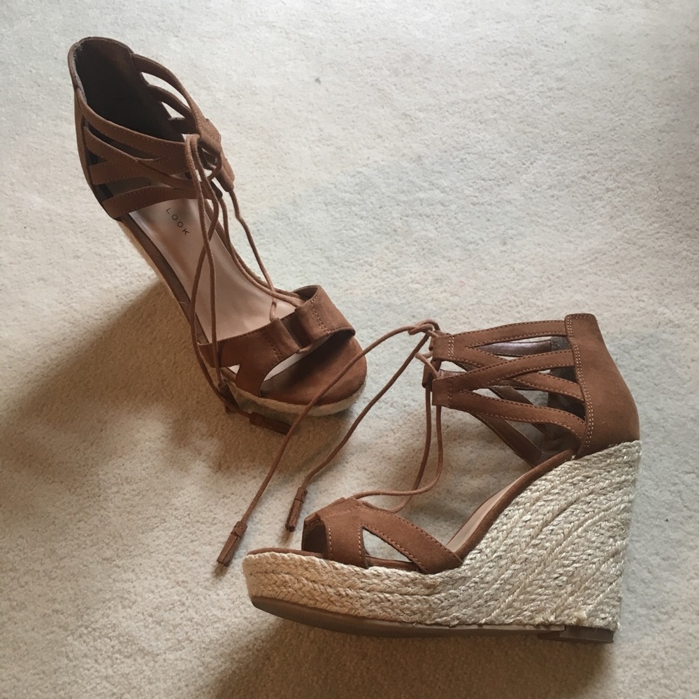 chestnut suede wedges